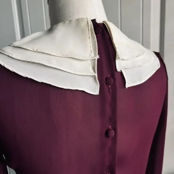 Vintage Blouse Maroon Sheer‎ Size Small Tie Neck Cream Collar Button C’est Chic - Picture 8 of 16